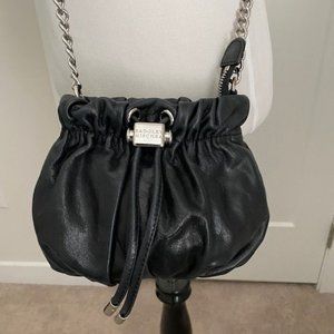 Badgley Mischka small black leather bucket bag with silver hardware EUC!